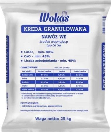 Kreda granulowana Wokas 25 kg, nawóz WE – przód worka z tabelą dawek
