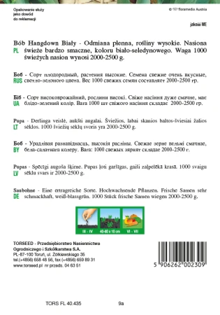 Torebka nasion bobu Hangdown Biały Torseed – tył z opisem odmiany i terminami siewu