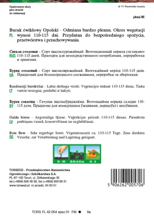 Torebka nasion buraka ćwikłowego Opolski Torseed – tył z opisem odmiany i terminami siewu