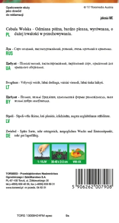 Torebka nasion cebuli Wolska Torseed – tył z opisem odmiany i terminami siewu