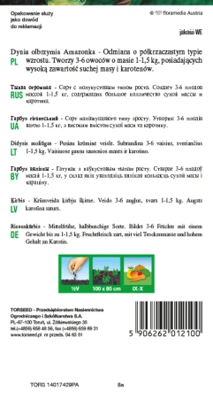 Torebka nasion dyni olbrzymiej Amazonka Torseed – tył z opisem odmiany i terminami siewu