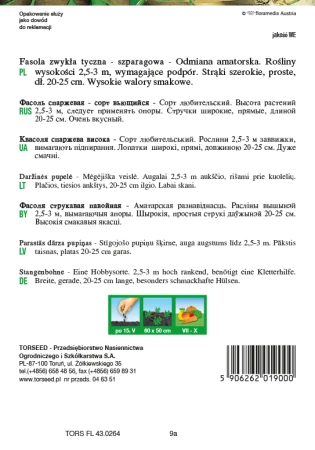 Torebka nasion fasoli tycznej Neckarkönigin Torseed – tył z opisem odmiany i terminami siewu