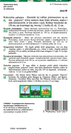 Torebka nasion kukurydzy pękającej na popcorn Torseed – tył z opisem odmiany i terminami siewu