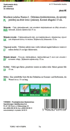 Torebka nasion marchwi Nantes 2 Torseed – tył z opisem odmiany i terminami siewu