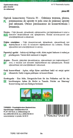 Torebka nasion ogórka Victoria F1 Torseed – tył z opisem odmiany i terminami siewu