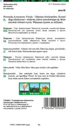 Torebka nasion pietruszki korzeniowej Vistula Torseed – tył z opisem odmiany i terminami siewu