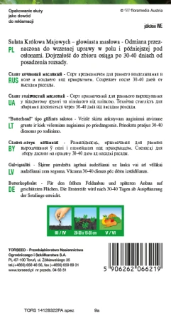 Torebka nasion sałaty masłowej Królowa Majowych Torseed – tył z opisem odmiany i terminami siewu