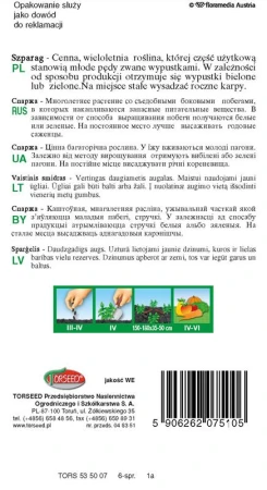 Torebka nasion szparaga Torseed – tył z opisem odmiany i terminami siewu