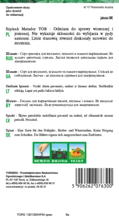 Torebka nasion szpinaku Matador Torseed – tył z opisem odmiany i terminami siewu