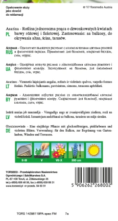 Torebka nasion asariny pnącej mieszanki Torseed – tył z opisem i terminami siewu