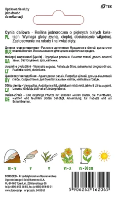 Torebka nasion cynii daliowej białej Torseed – tył z opisem i terminami siewu