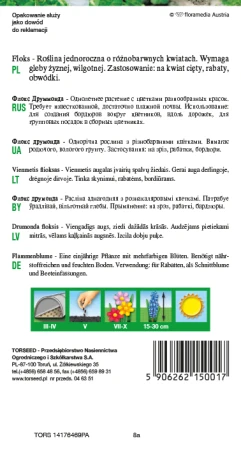 Torebka nasion floksa mieszanki Torseed – tył z opisem i terminami siewu