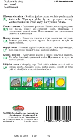 Torebka nasion kleomy ciernistej różowej Torseed – tył z opisem i terminami siewu