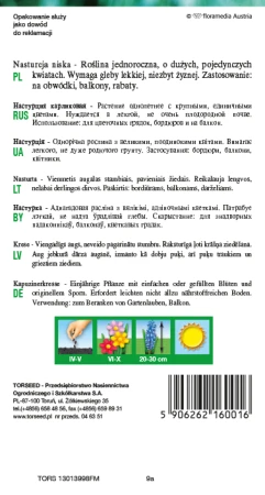 Torebka nasion nasturcji niskiej mieszanki Torseed – tył z opisem i terminami siewu