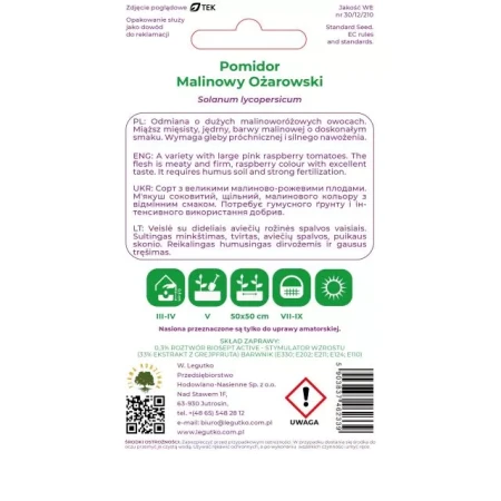 Torebka nasion pomidora Malinowy Ożarowski W. Legutko – tył z opisem odmiany i terminami siewu