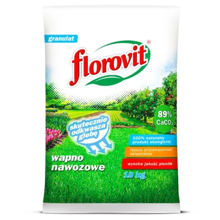 Wapno nawozowe granulowane Florovit, worek 10 kg – przód, 89% CaCO₃