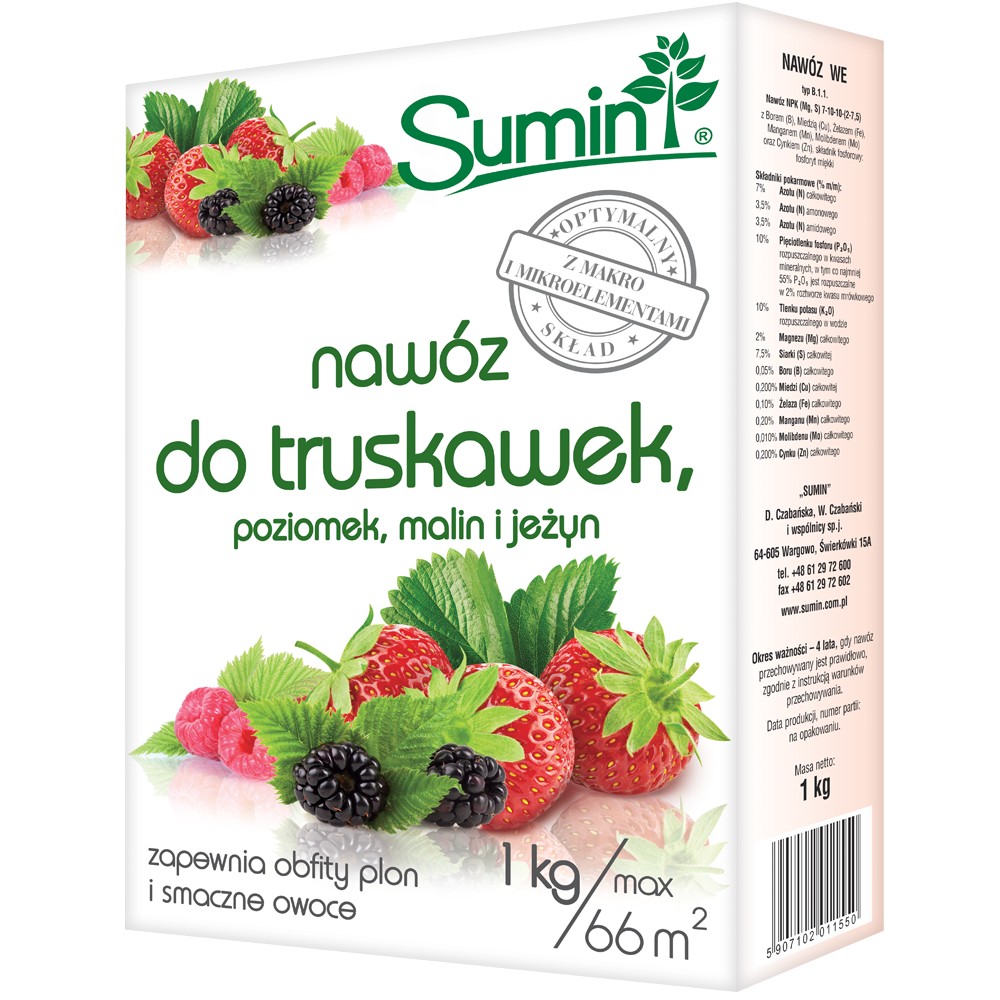 NAWÓZ GRANULOWANY DO TRUSKAWEK, POZIOMEK, MALIN I JEŻYN 66M2 KARTON 1KG SUMIN