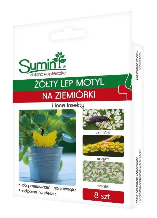 ŻÓŁTY LEP MOTYL NA OWADY ZIEMIÓRKI, MSZYCE, MĄCZLIKI, MUSZKI OWOCÓWKI, WCIORNASTKI, PRZEDZIORKI 8SZT. SUMIN