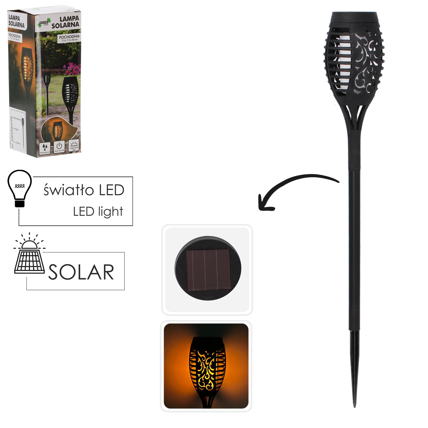 LAMPA SOLARNA POCHODNIA 7,5 X 7,5 X 50CM SOL6846 CHOMIK