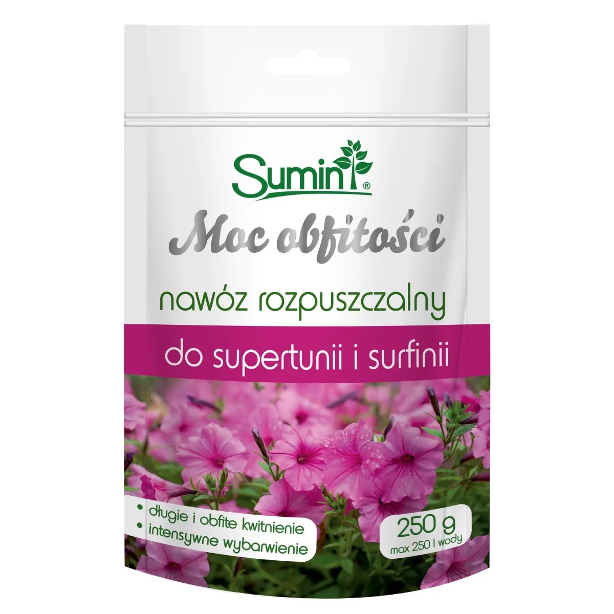 NAWÓZ ROZPUSZCZALNY DO SUPERTUNII I SURFINII MOC OBFITOŚCI 250L WOREK 250G SUMIN