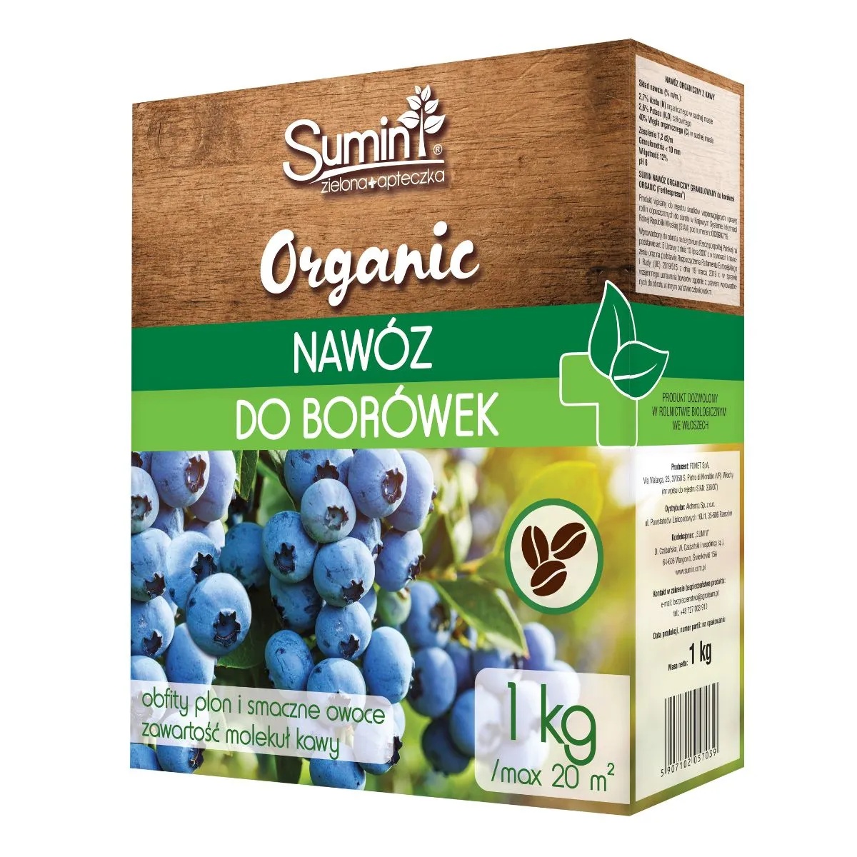 NAWÓZ GRANULOWANY ORGANICZNY DO BORÓWEK ORGANIC 20M2 KARTON 1KG SUMIN